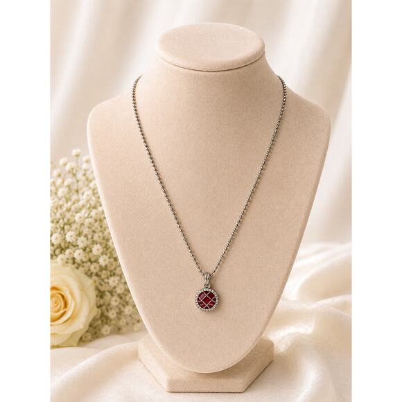 Vintage Jewelry - Vintage Red Crystal Pendant Necklace Silver Tone Rhinestone Statement Jewelry